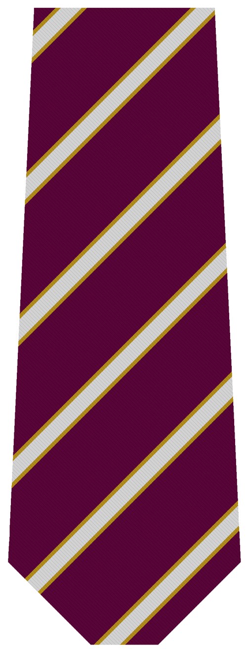 The Cranworth Law Society tie design - magenta red with diagonal gold and silver stripes